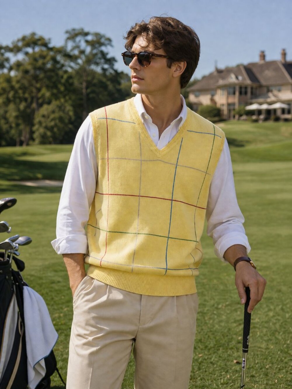 Vintage Alan Flusser Golf Sweater Vest Men’s XL Yellow Cotton Preppy Argyle